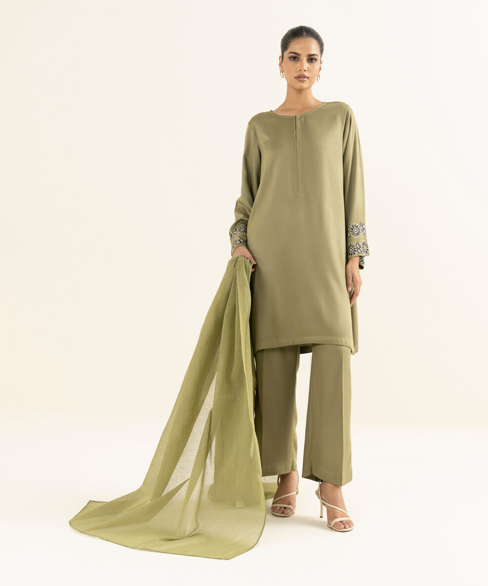 Women's RTW Bedford  Embroidered Olive Green Straight Shirt