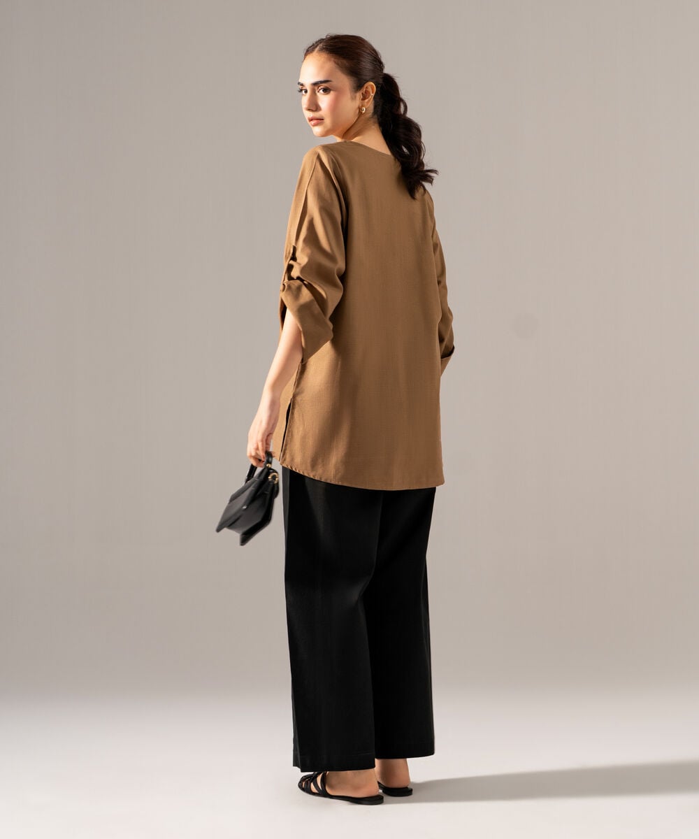 Women's RTW Khaddar Solid Embroidered Olive Green Drop Shoulder Shirt