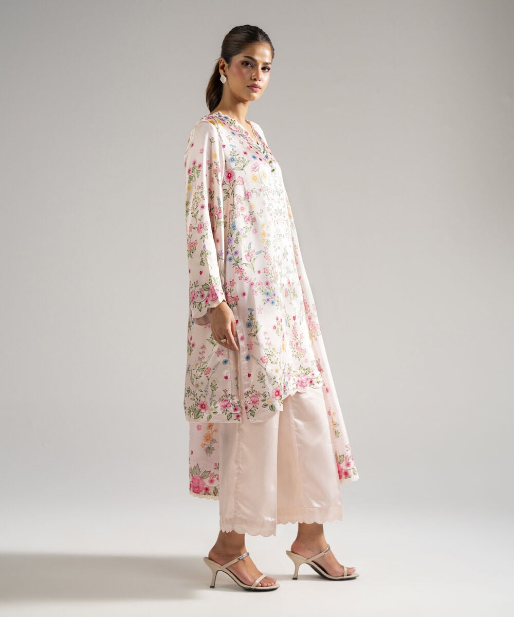 Women's RTW Blended Satin Printed Pink 3 Piece Suit