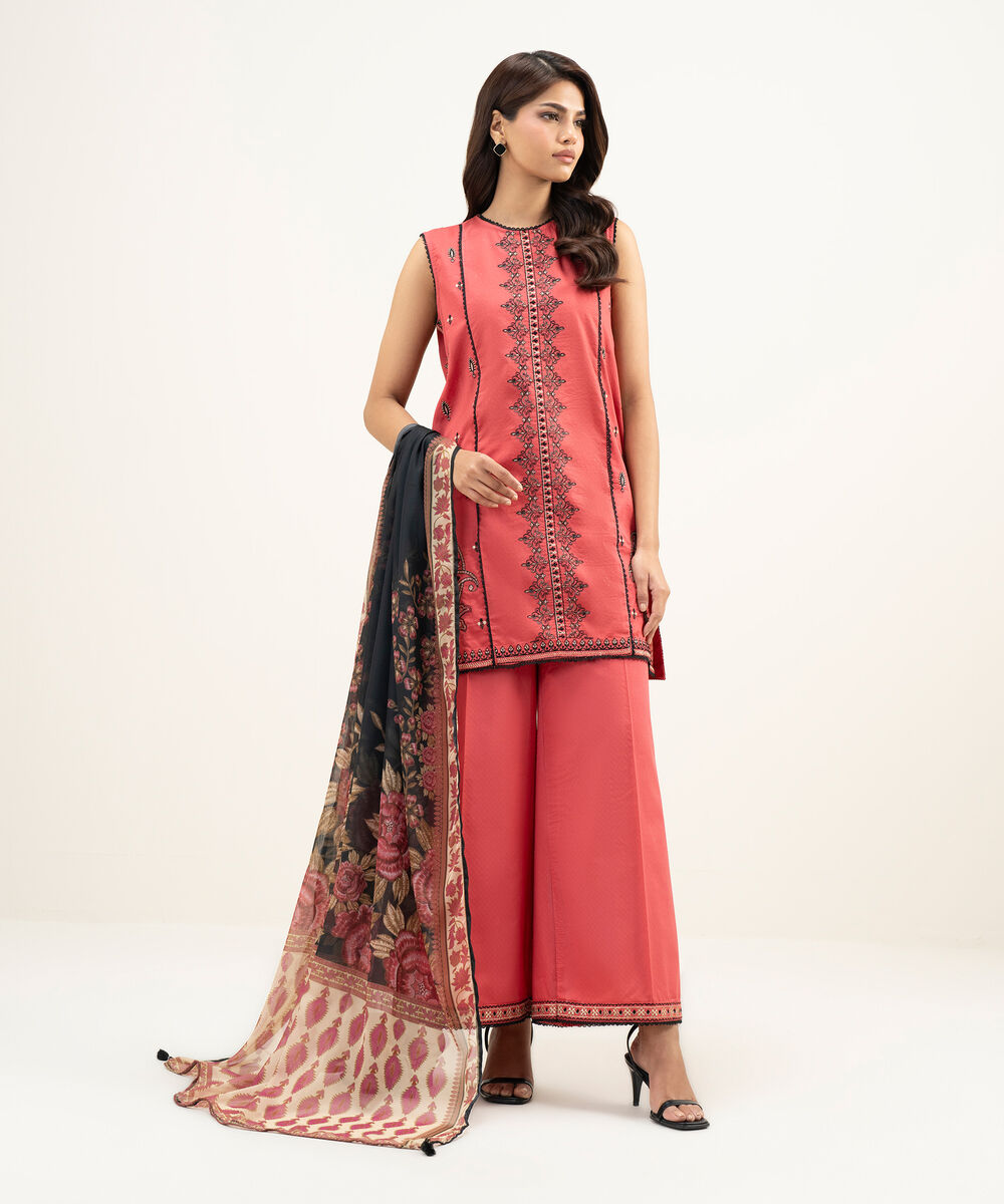 Women's RTW Dobby Embroidered Dusty Rose 3 Piece Suit