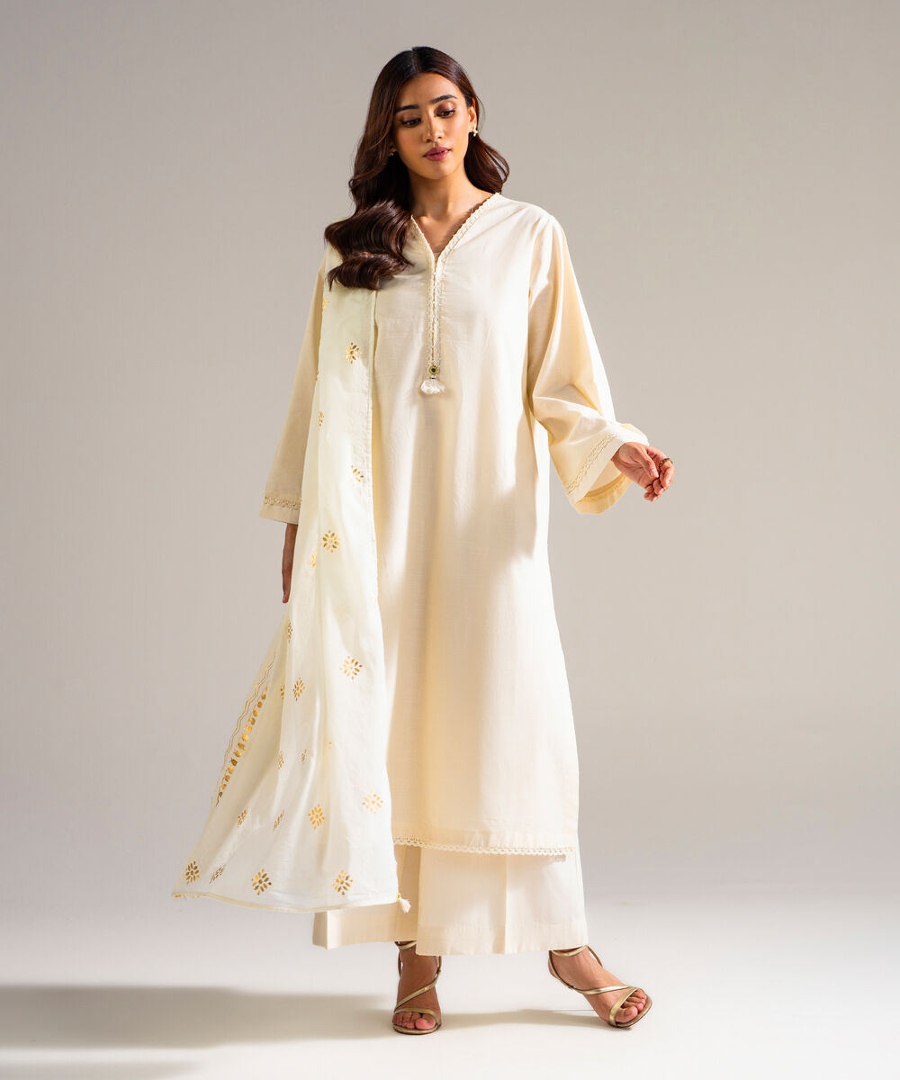 Women's RTW Slub Lawn Solid White 3 Piece Suit