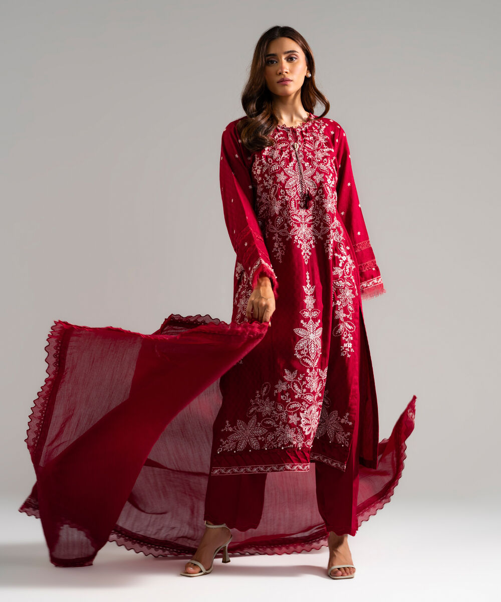 Women's RTW Textured Viscose Embroidered Maroon 3 Piece Suit