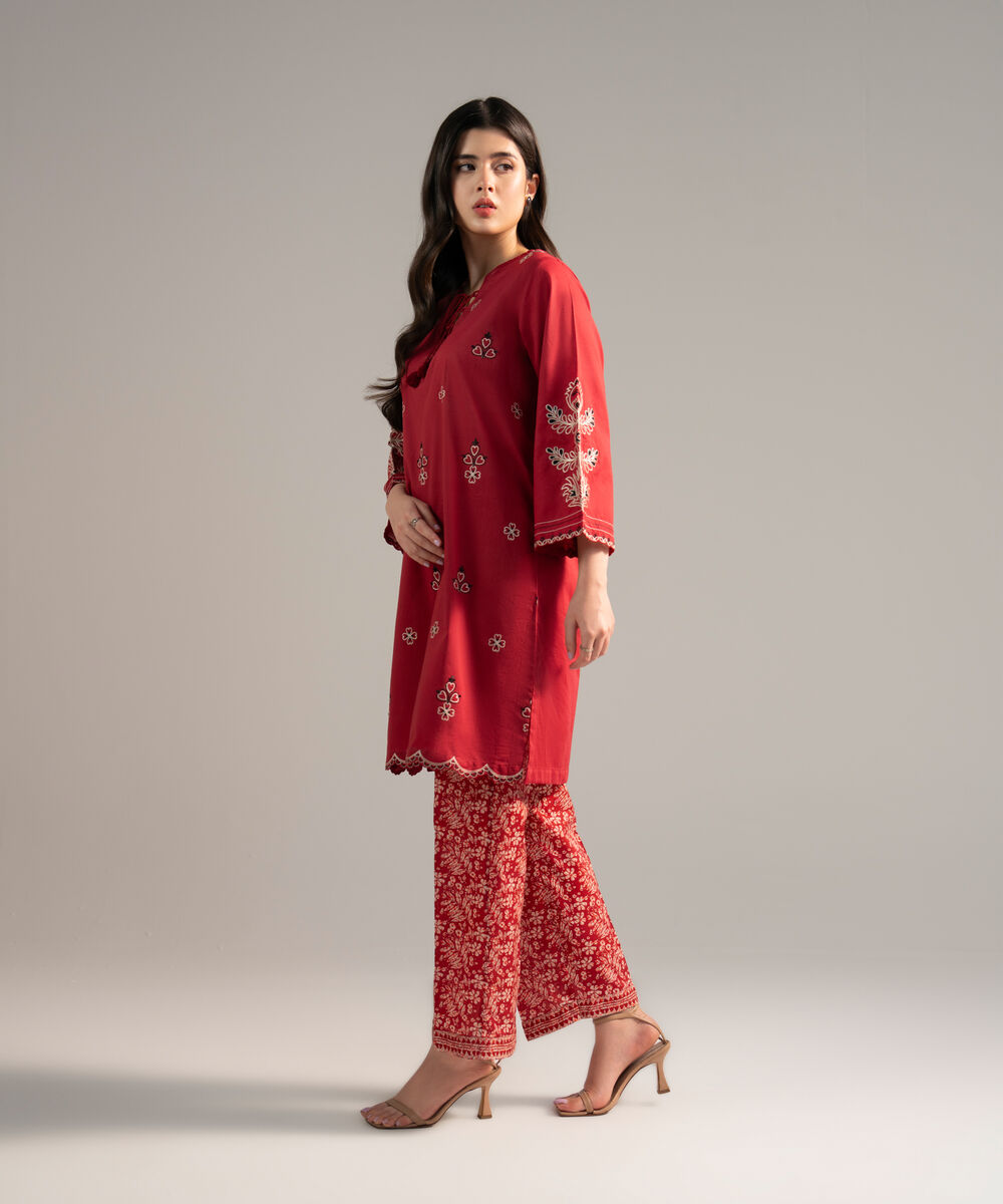 Women's RTW Cross Hatch Embroidered Red Straight Shirt