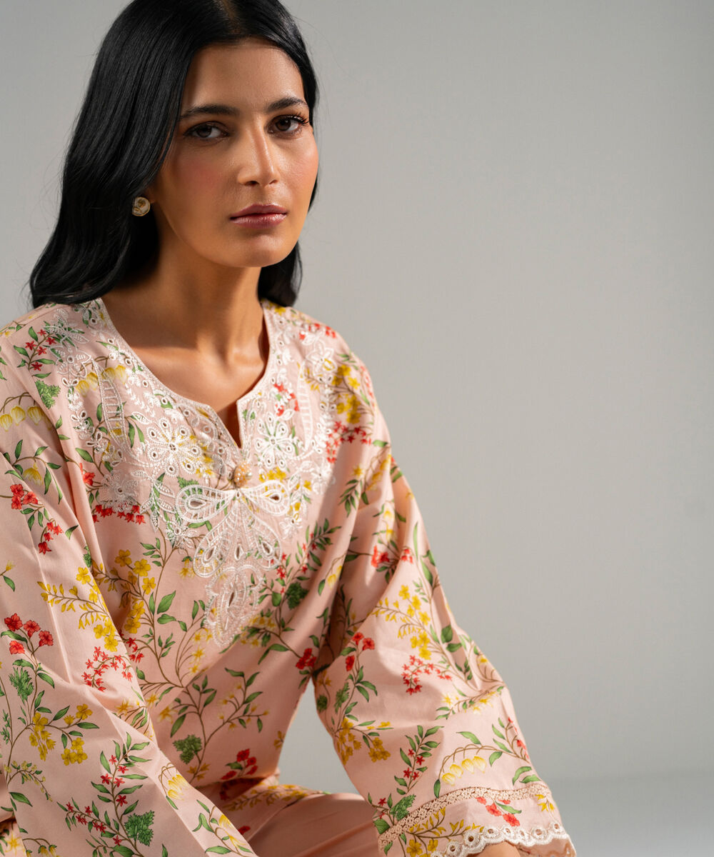 Women's RTW Cotton Viscose Embroidered Peach Straight Shirt