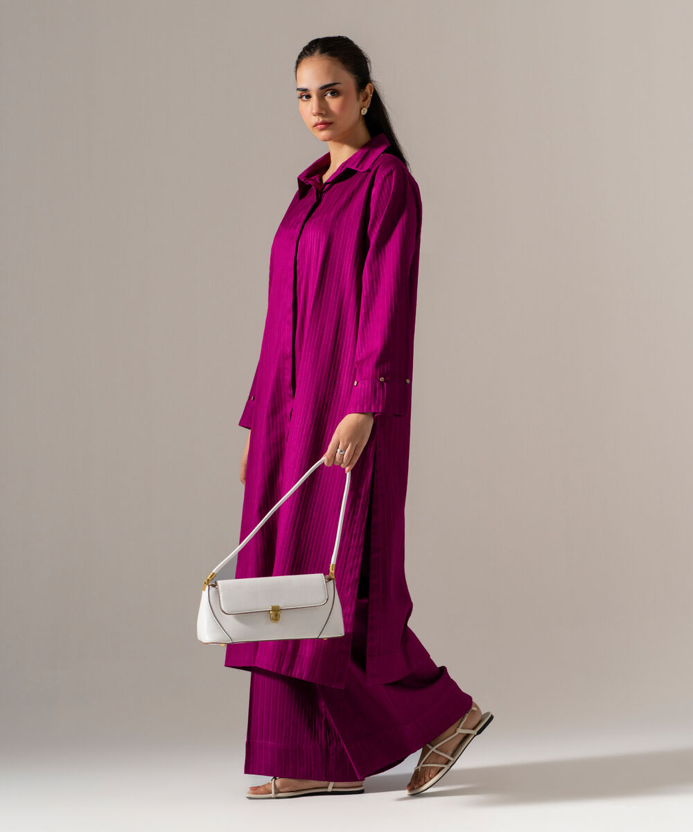 Women's RTW Dobby Strip Solid Purple 2 Piece Suit