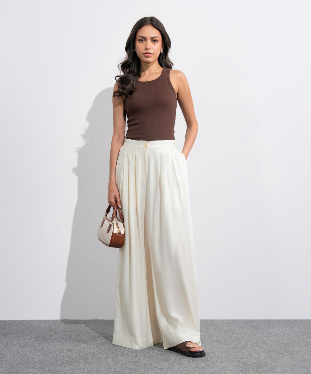 Women's Western Off White Linen Blend Pleated Trousers