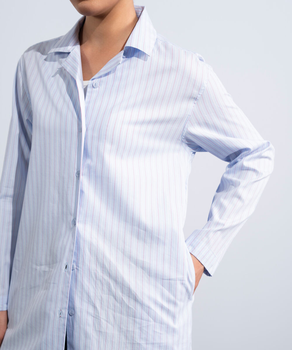 Women's Western Blue Yarn-Dyed Long Shirt