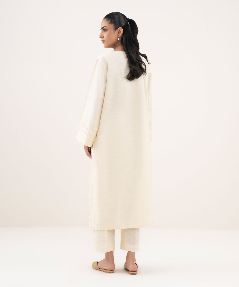 Women's RTW Khaddar Embroidered A-Line Off White Shirt