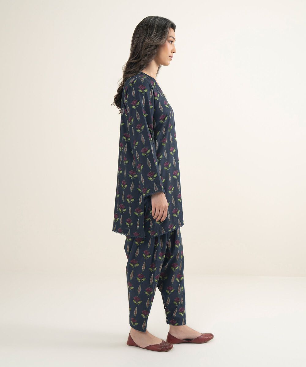 Women's RTW Arabic Lawn Printed Blue Straight Shirt