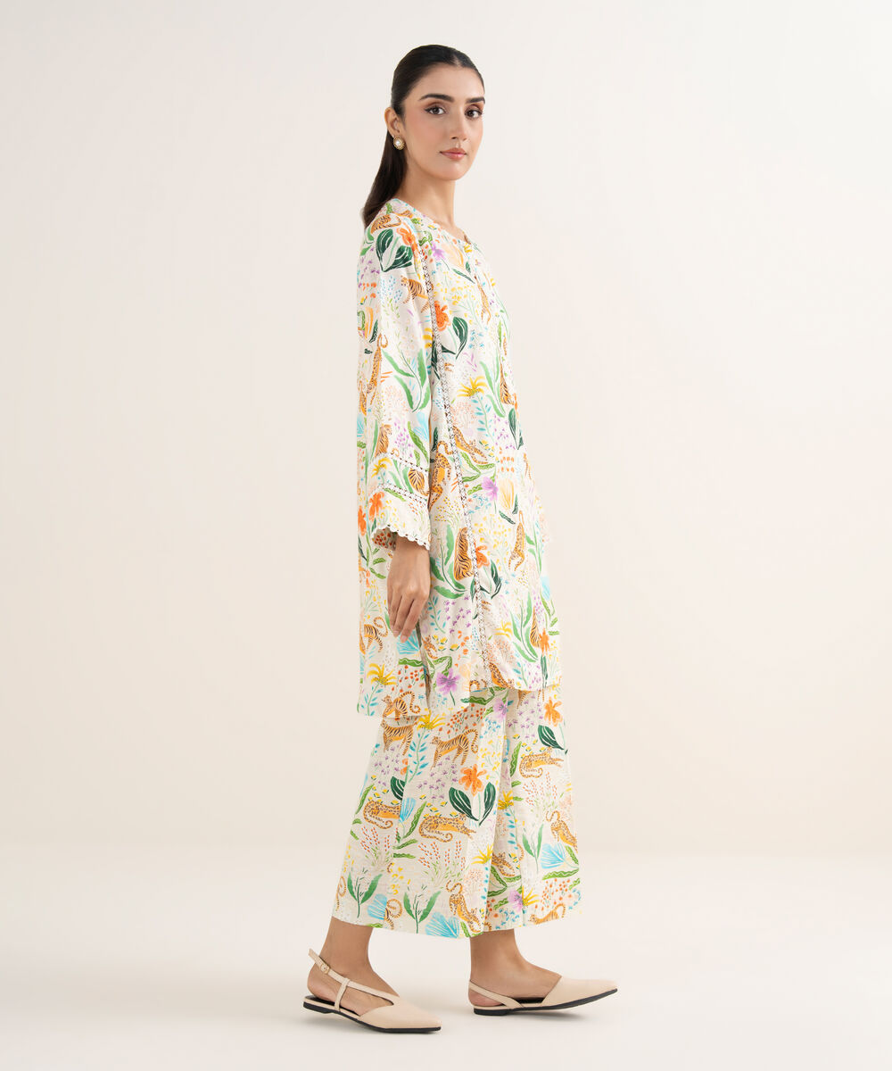 Women's RTW Herringbone Printed Off White Straight Shirt