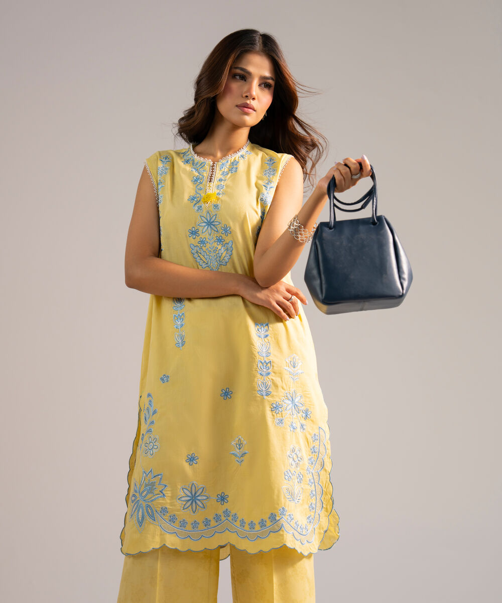 Women's RTW Self Jacquard Embroidered Yellow 2 Piece Suit