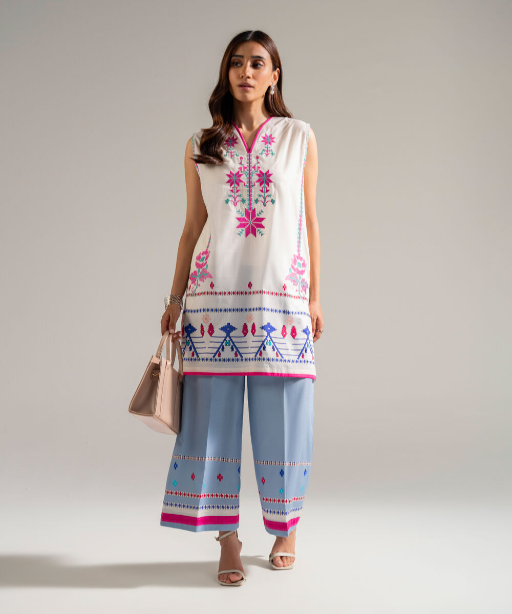 Women's RTW Lawn Embroidered White Straight Shirt