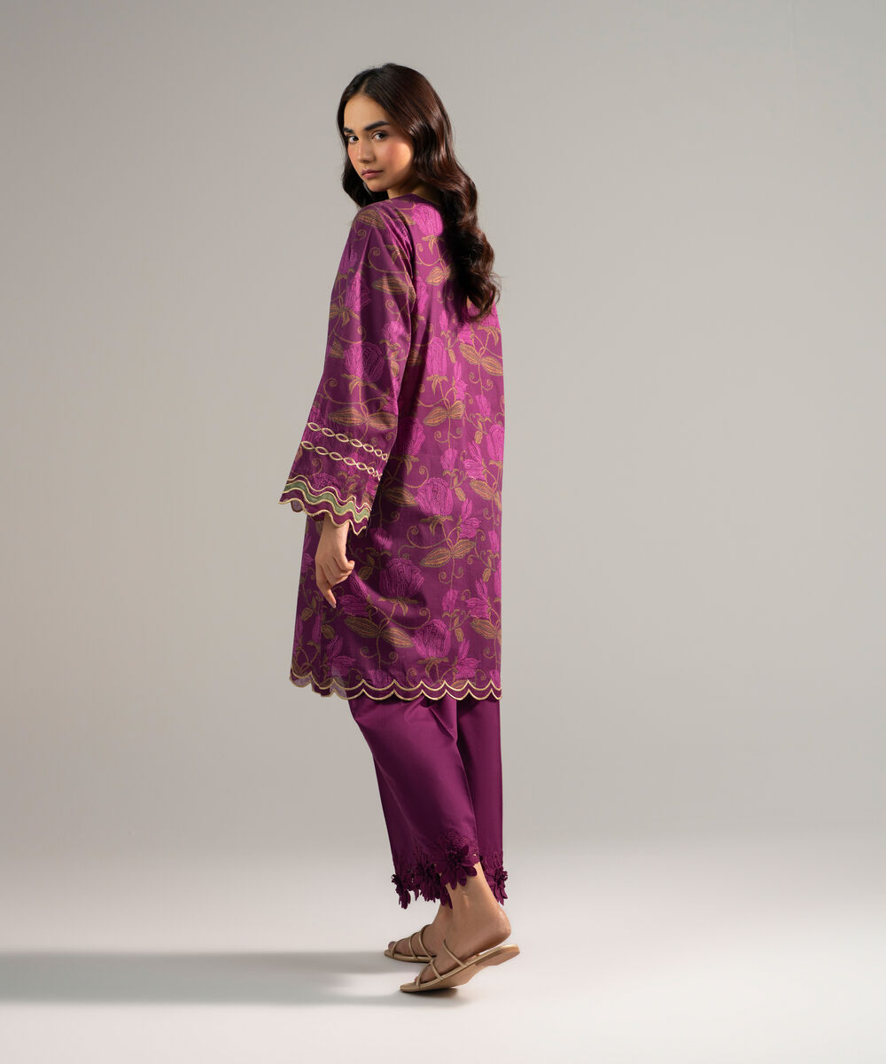Women's RTW Slub Lawn Embroidered Purple 2 Piece Suit