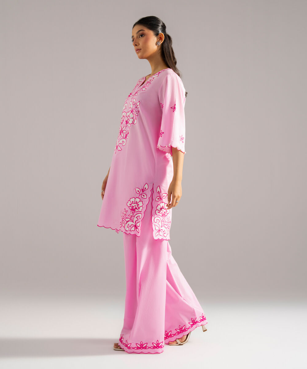 Women's RTW Lawn Solid Embroidered Pink 2 Piece Suit