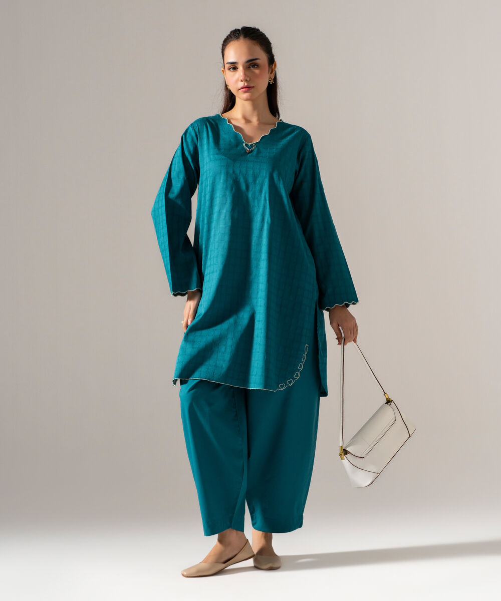 Women's RTW 3D dobby Solid Teal Straight Shirt