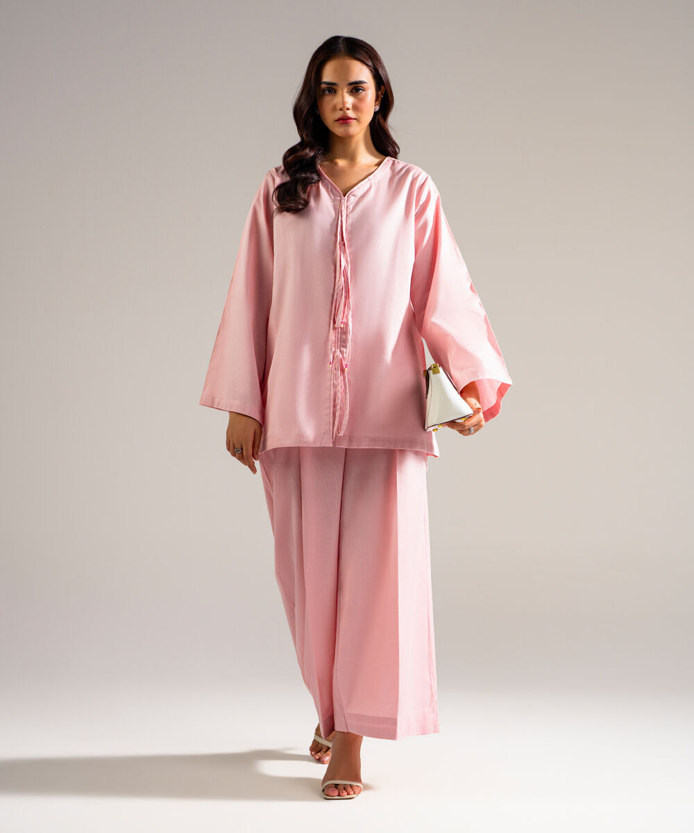 Women's RTW Cotton Linen Solid Pink 2 Piece Suit