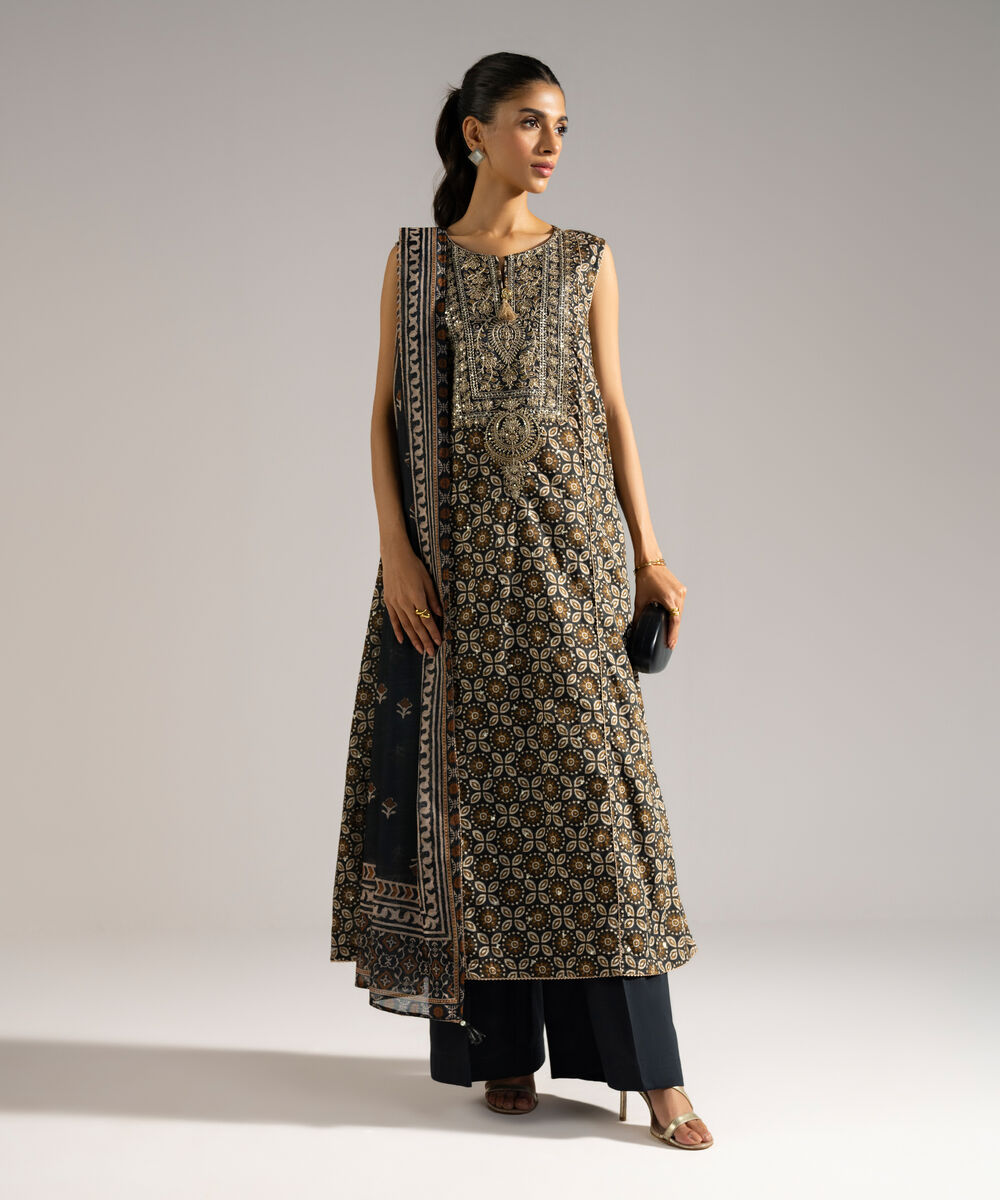 Women's RTW Lawn Embroidered Black 3 Piece Suit