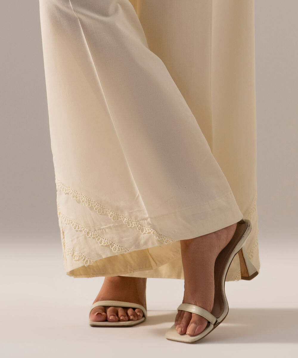 Women's RTW Cambric Solid Off White Flared Pants
