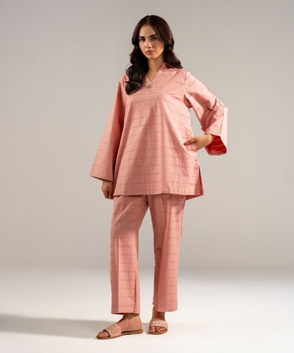 Women's RTW Seersucker Solid Pink 2 Piece Suit