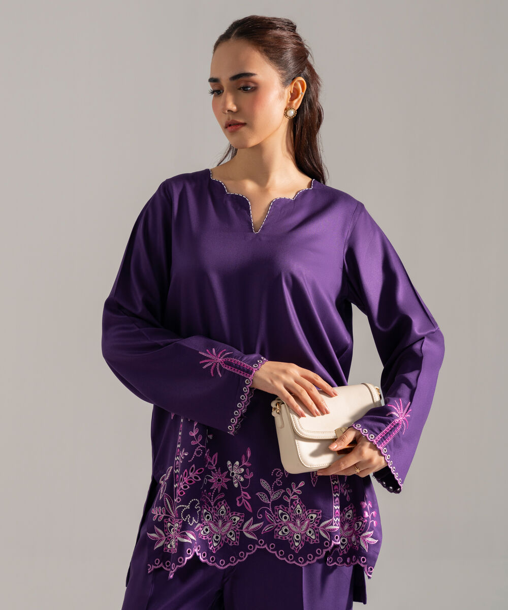 Women's RTW Solid Embroidered Purple Bedford Shirt