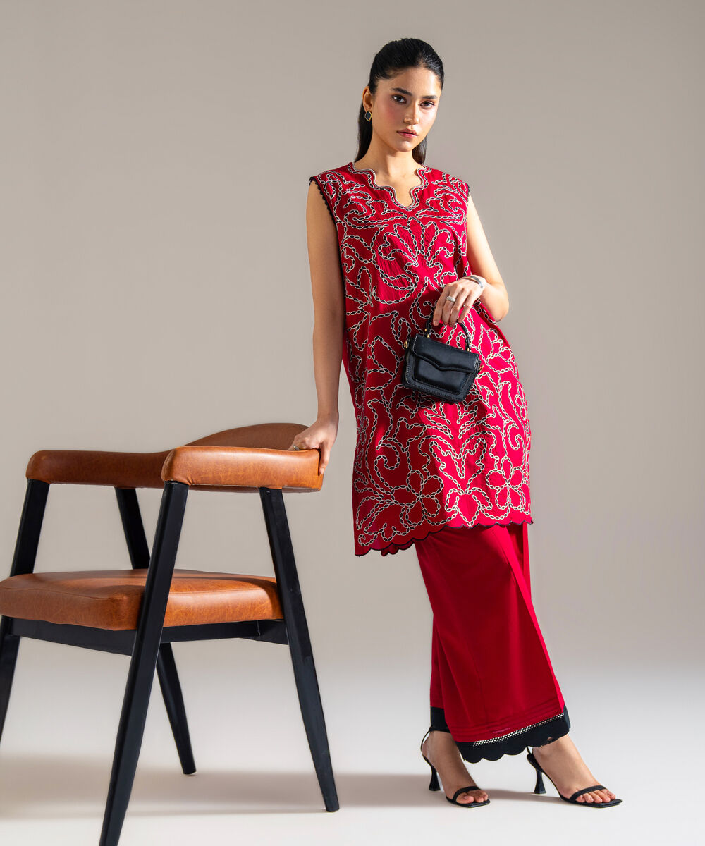 Women's RTW Lawn Embroidered Red 2 Piece Suit