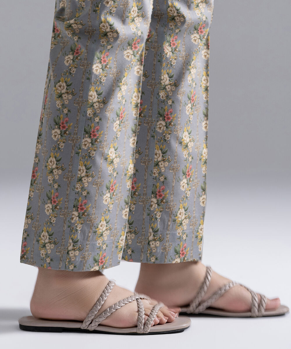 Women's RTW Cambric Printed Grey Straight Pants