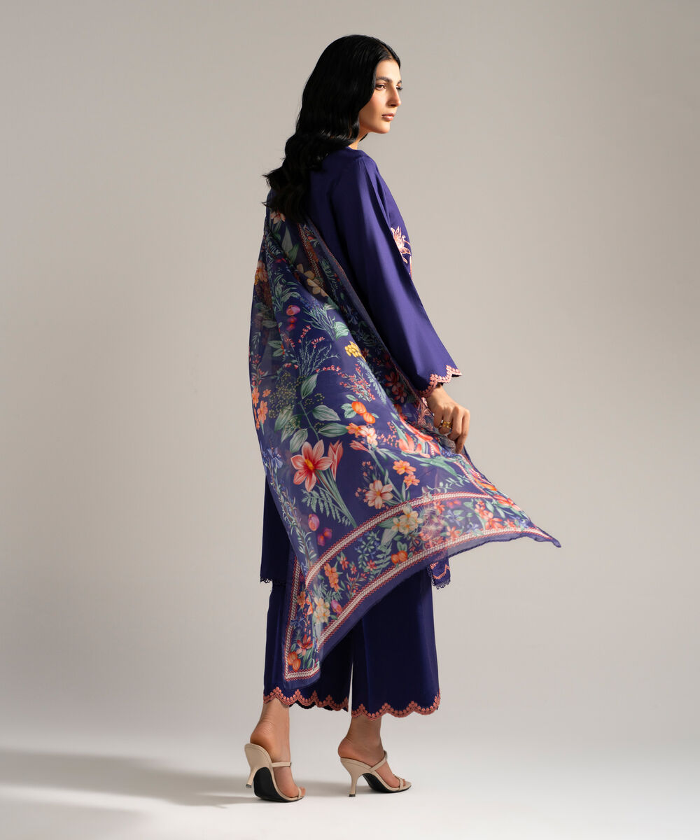 Women's RTW Dobby Crepe Embroidered Blue 3 Piece Suit