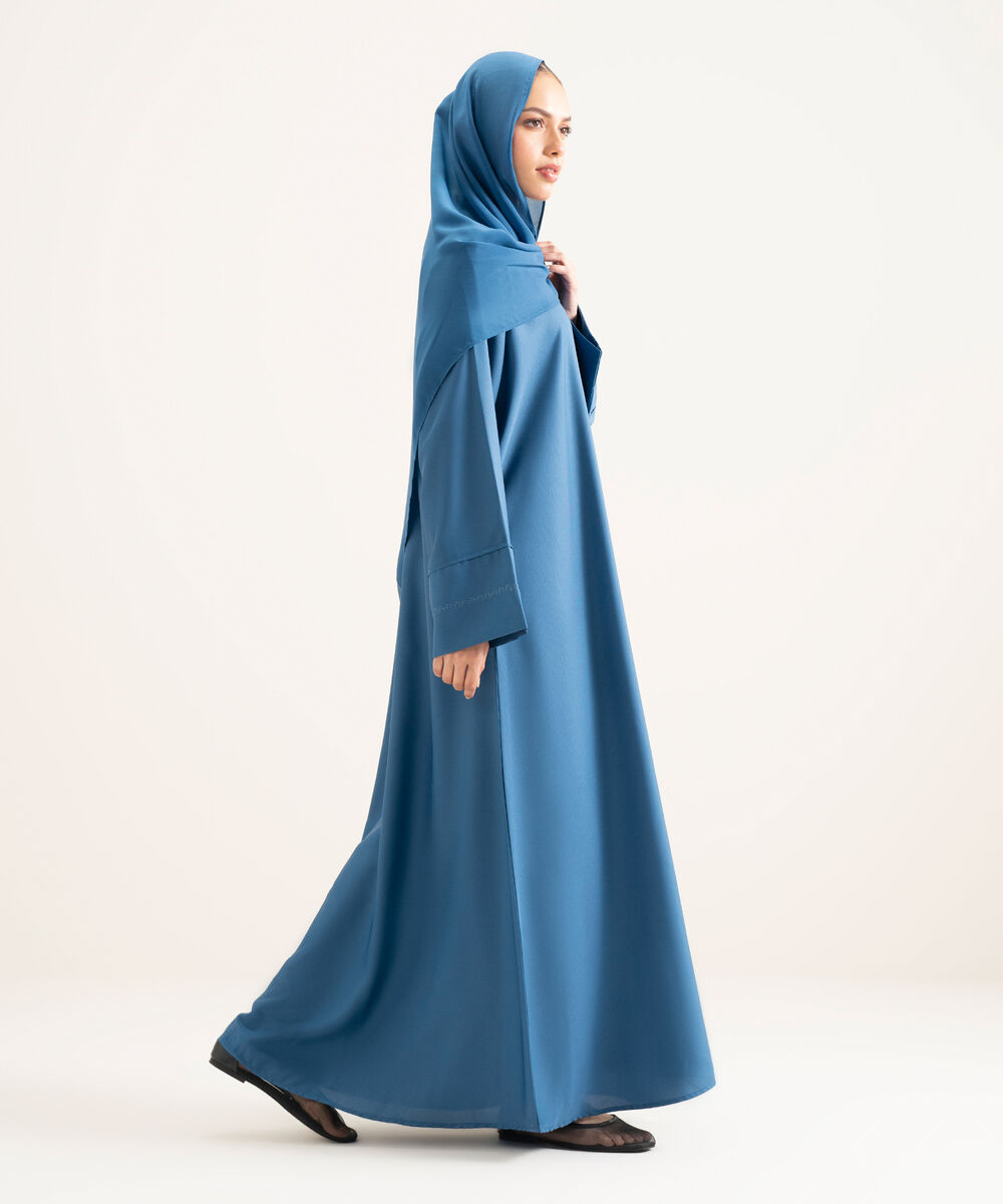 Women's Blue V-Neck Embroidered Abbaya Set