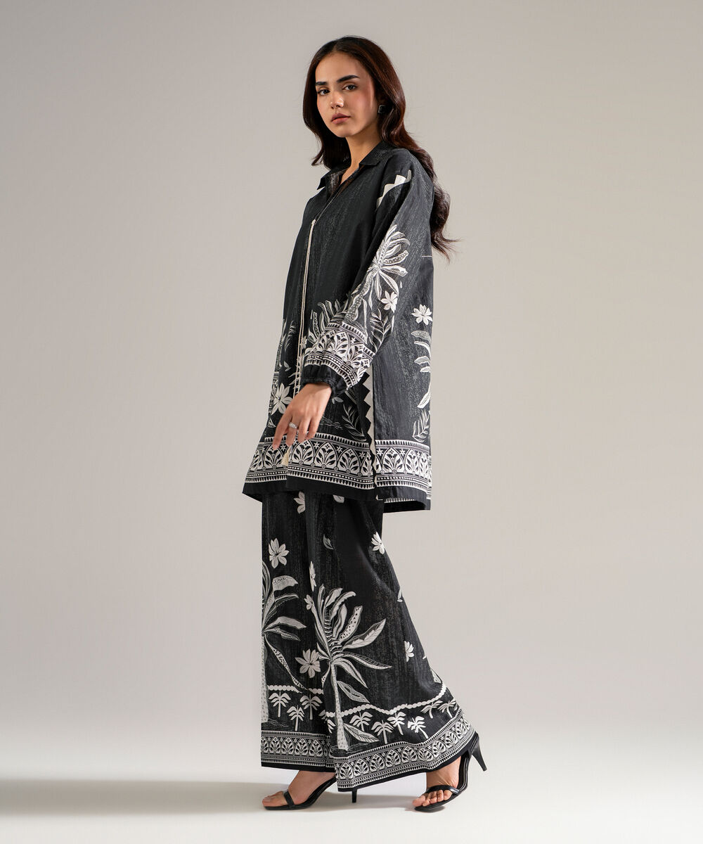 Women's RTW Slub Lawn Printed Black Drop Shoulder Shirt