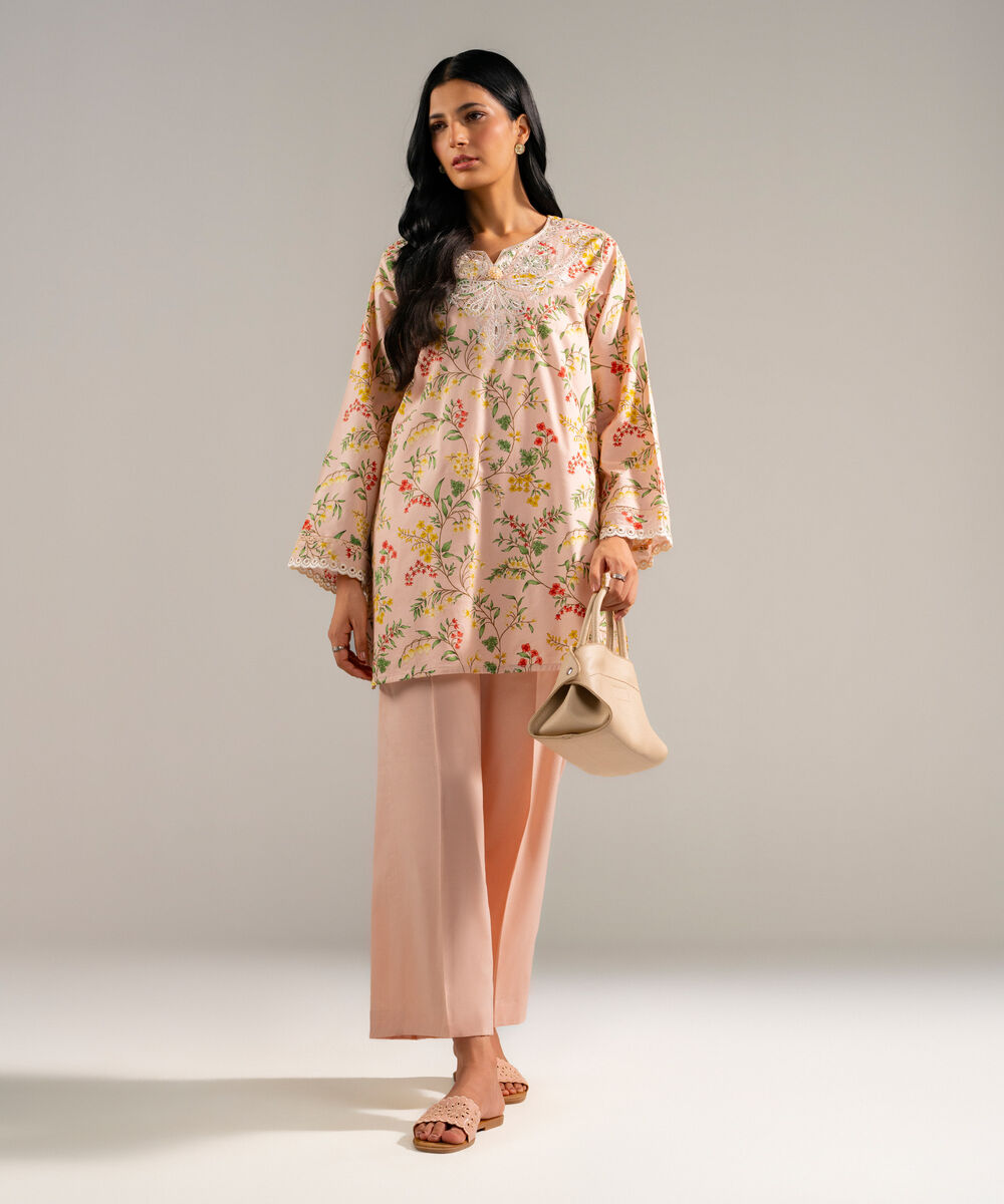 Women's RTW Cotton Viscose Embroidered Peach Straight Shirt