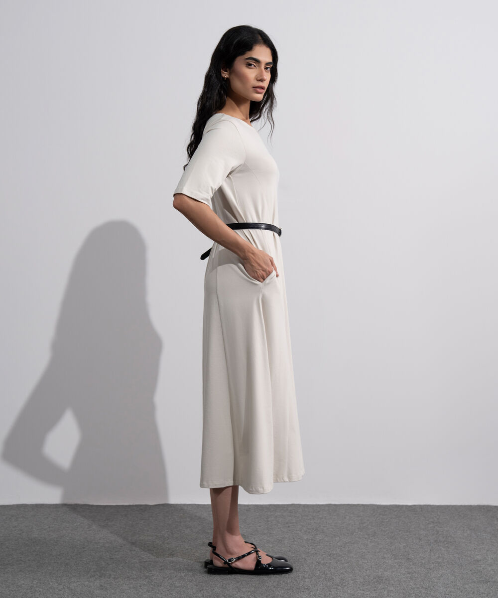 Women's Beige Flared Panelled Midi Dress