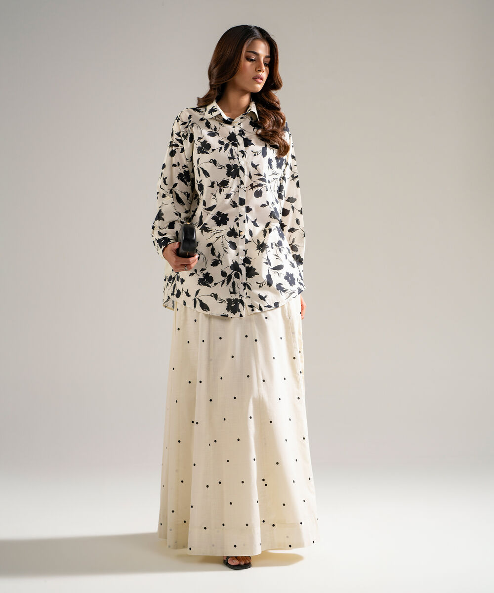 Women's RTW Slub Lawn Printed White Boxy Shirt
