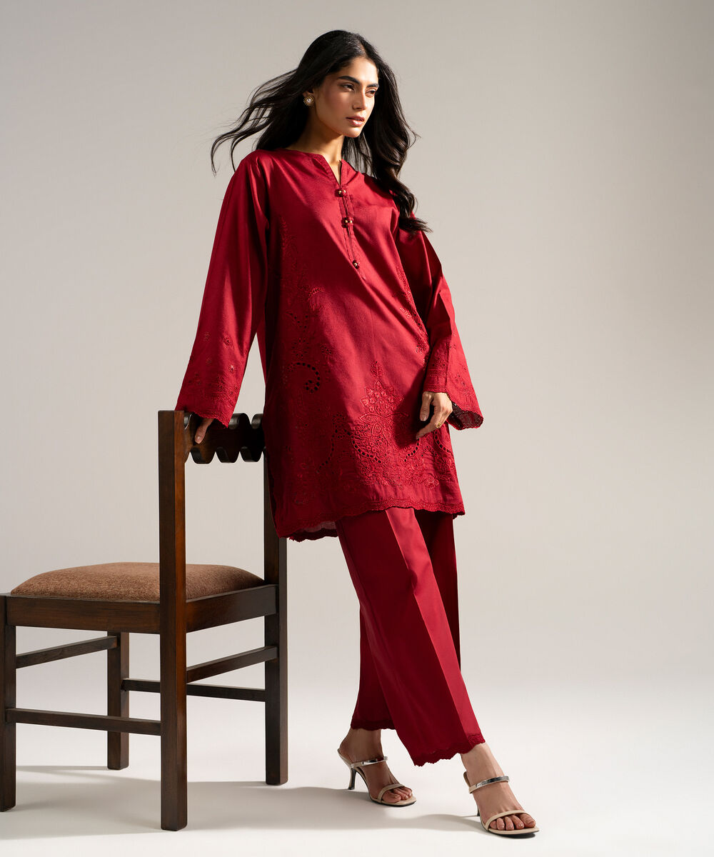 Women's RTW Self Jacquard Embroidered Red 2 Piece Suit