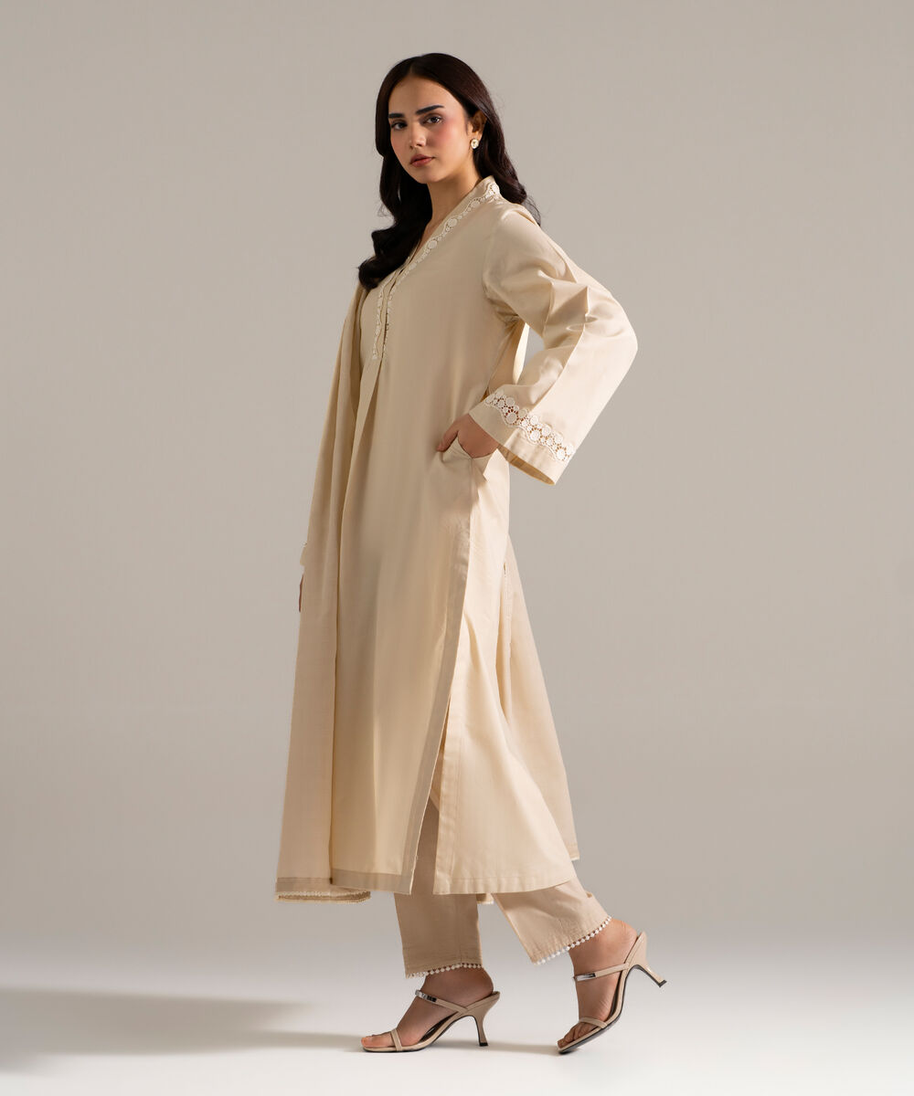 Women's RTW Cambric Printed Beige 3 Piece Suit