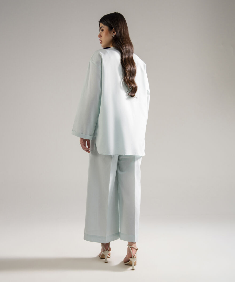 Women's RTW Cotton Linen Solid Blue 2 Piece Suit