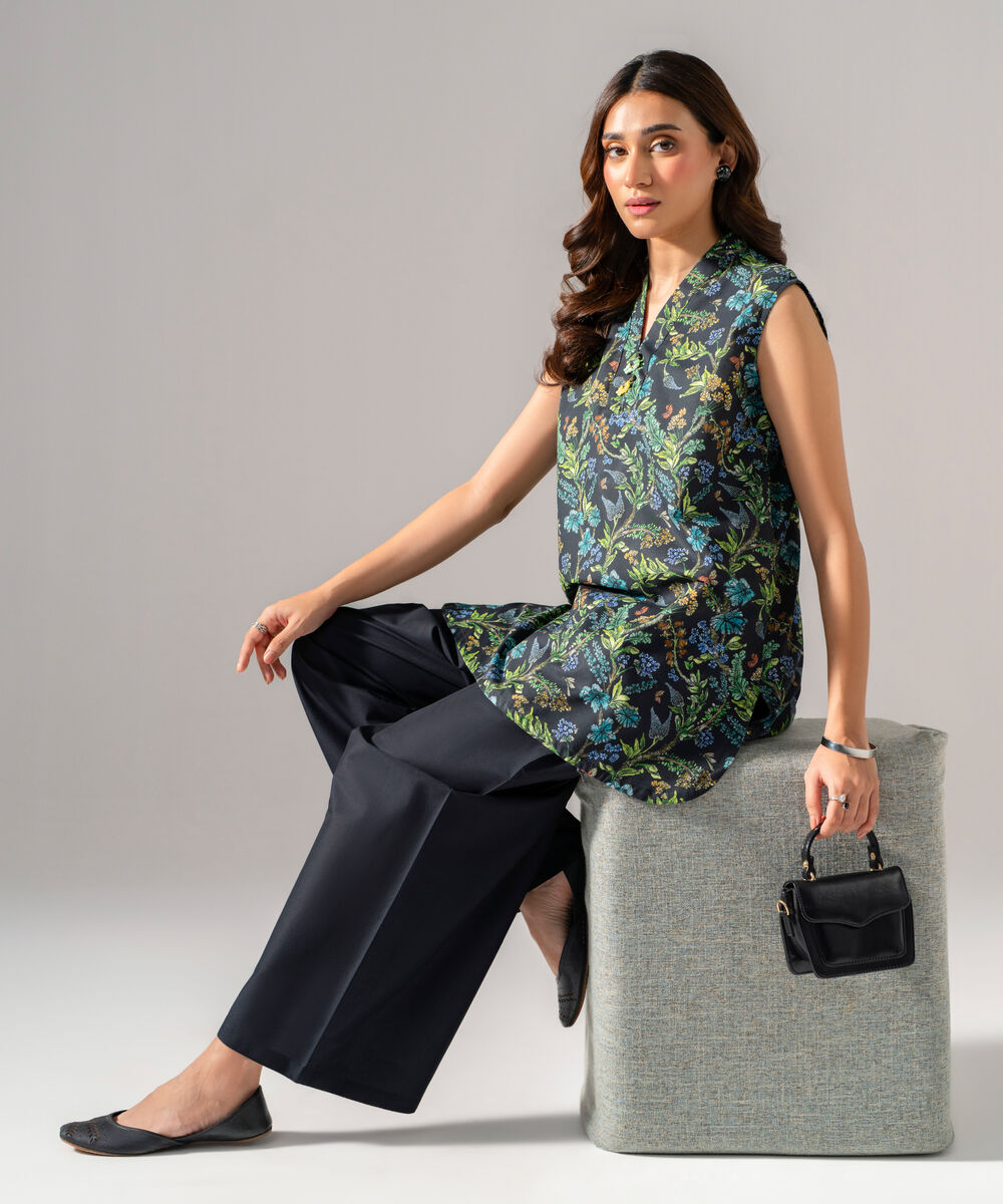 Women's RTW Regular Khaddar Printed Black Shirt and Trousers