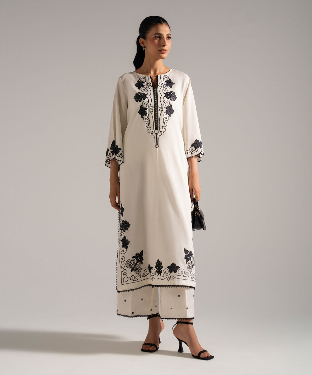 Women's RTW Dobby Embroidered White 2 Piece Suit