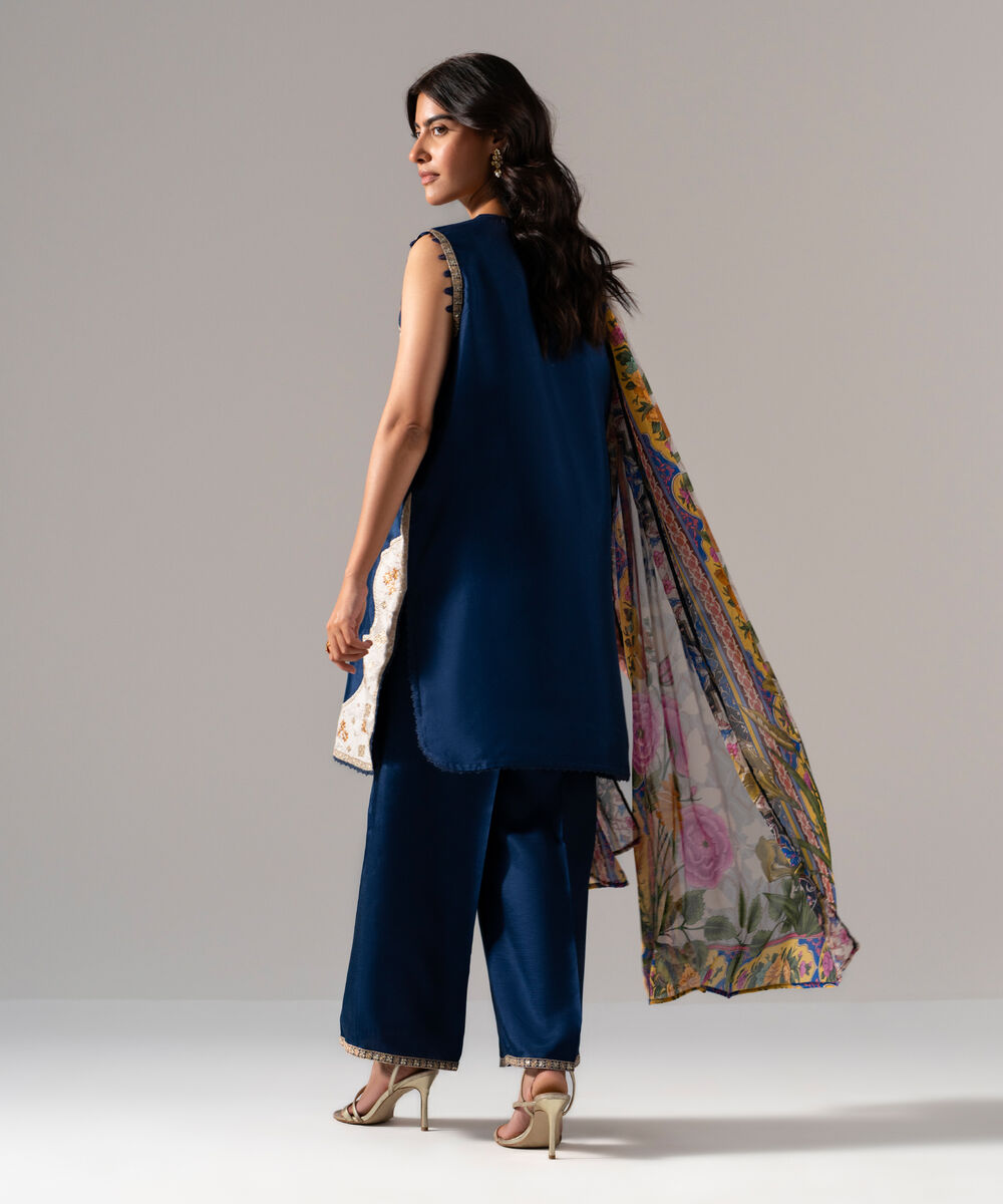 Women's RTW Solid Embroidered Blue Bright Raw Silk 3 Piece Suit