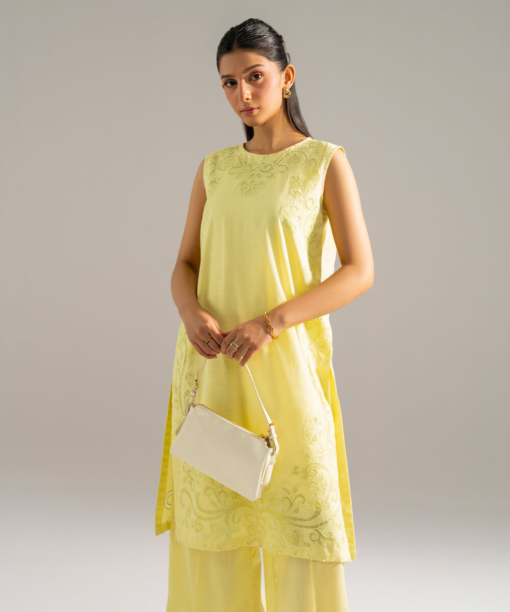 Women's RTW Cross Hatch Solid Embroidered Lime Yellow 2 Piece Suit