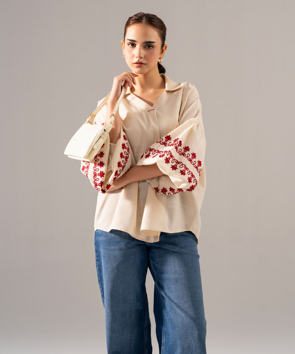 Women's RTW Khaddar Solid Embroidered Off White Straight Shirt