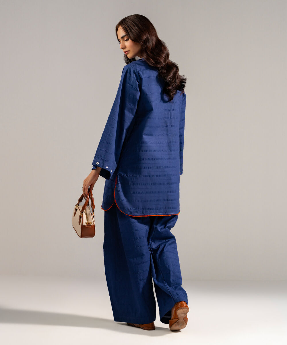 Women's RTW Seersucker Solid Blue 2 Piece Suit