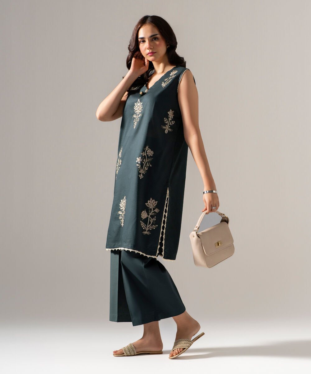 Women's RTW Dobby Solid Embroidered Dark Green Straight Shirt