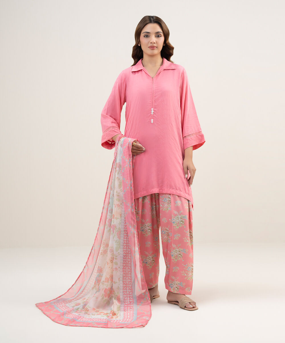 Women's RTW Arabic Self Jacquard Solid Pink Straight Shirt