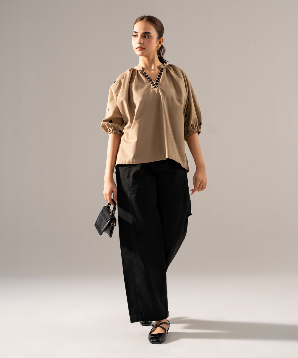 Women's RTW Khaddar Solid Embroidered Dark Beige Drop Shoulder Shirt