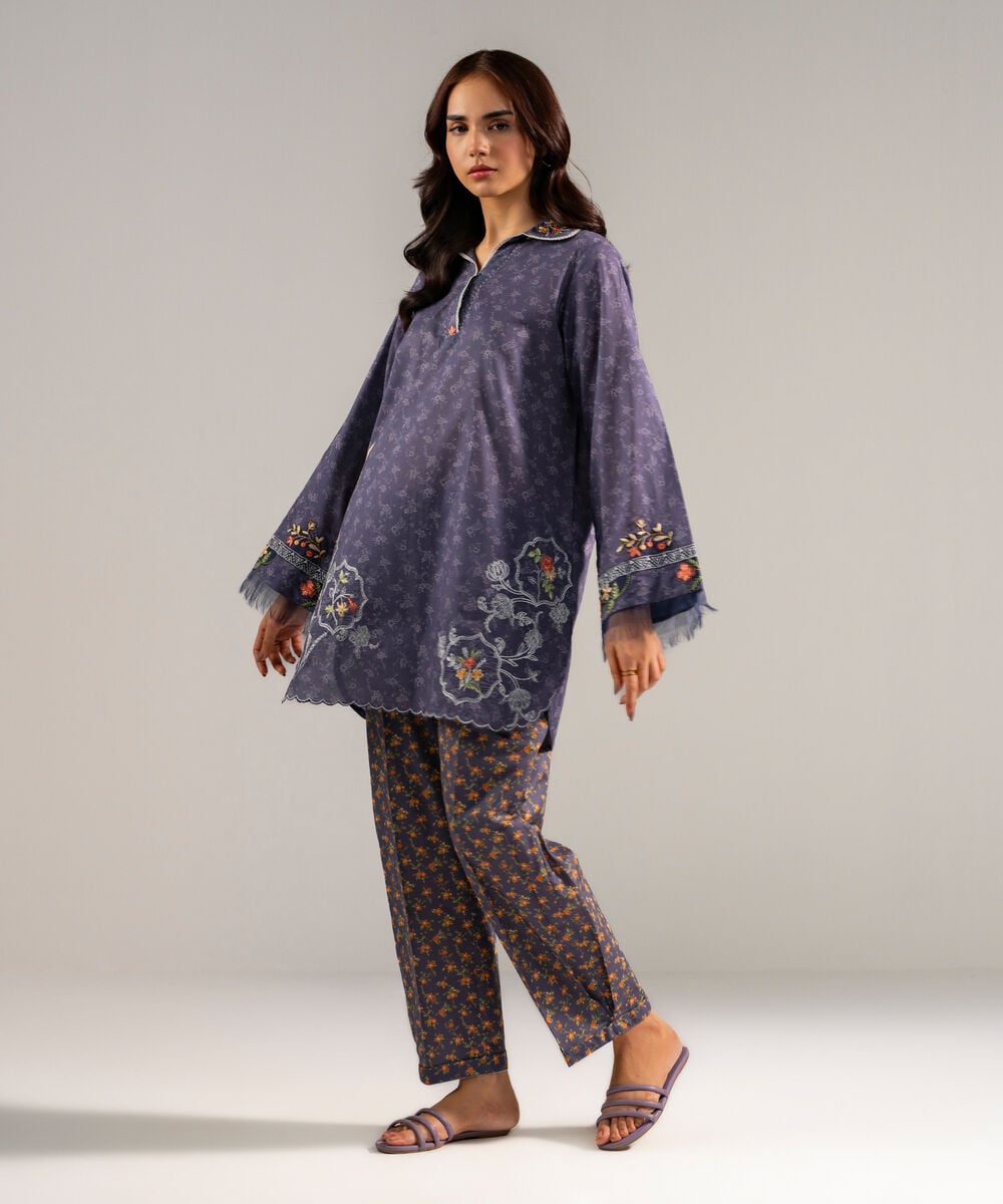 Women's RTW Lawn Embroidered Charcoal Grey Straight Shirt