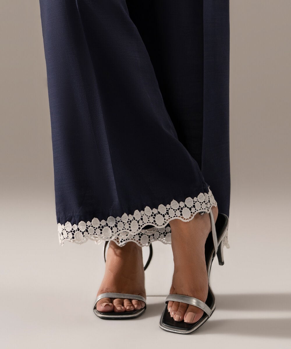 Women's RTW Khaddar Solid Blue Flared Pants