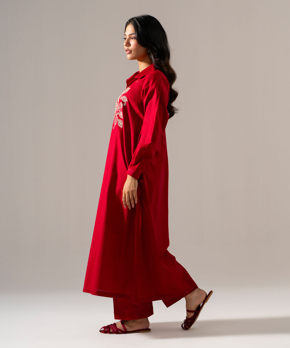 Women's RTW Cross Hatch Solid Embroidered Red Straight Shirt