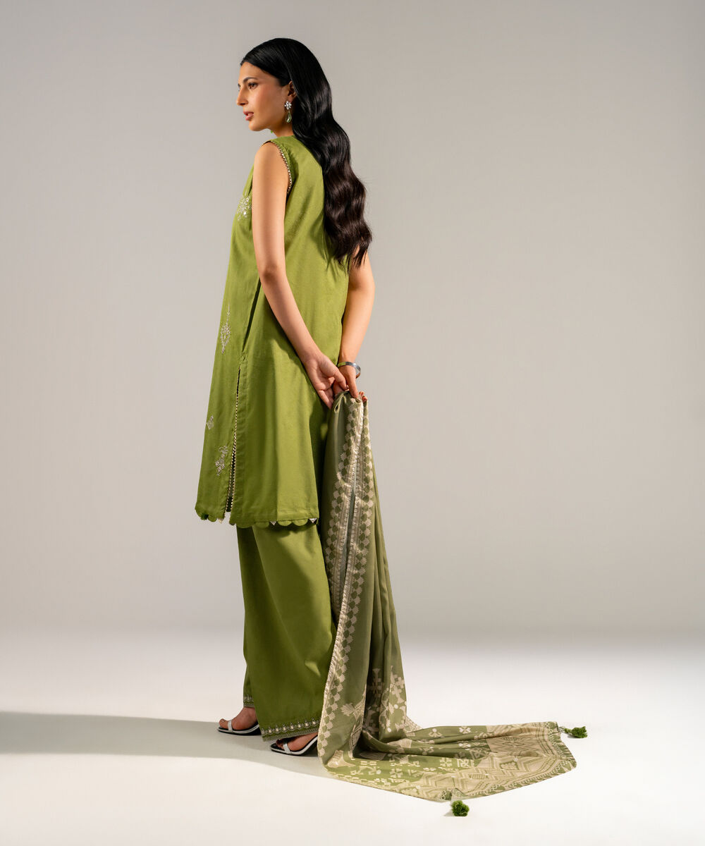 Women's RTW Self Jacquard Embroidered Green 3 Piece Suit