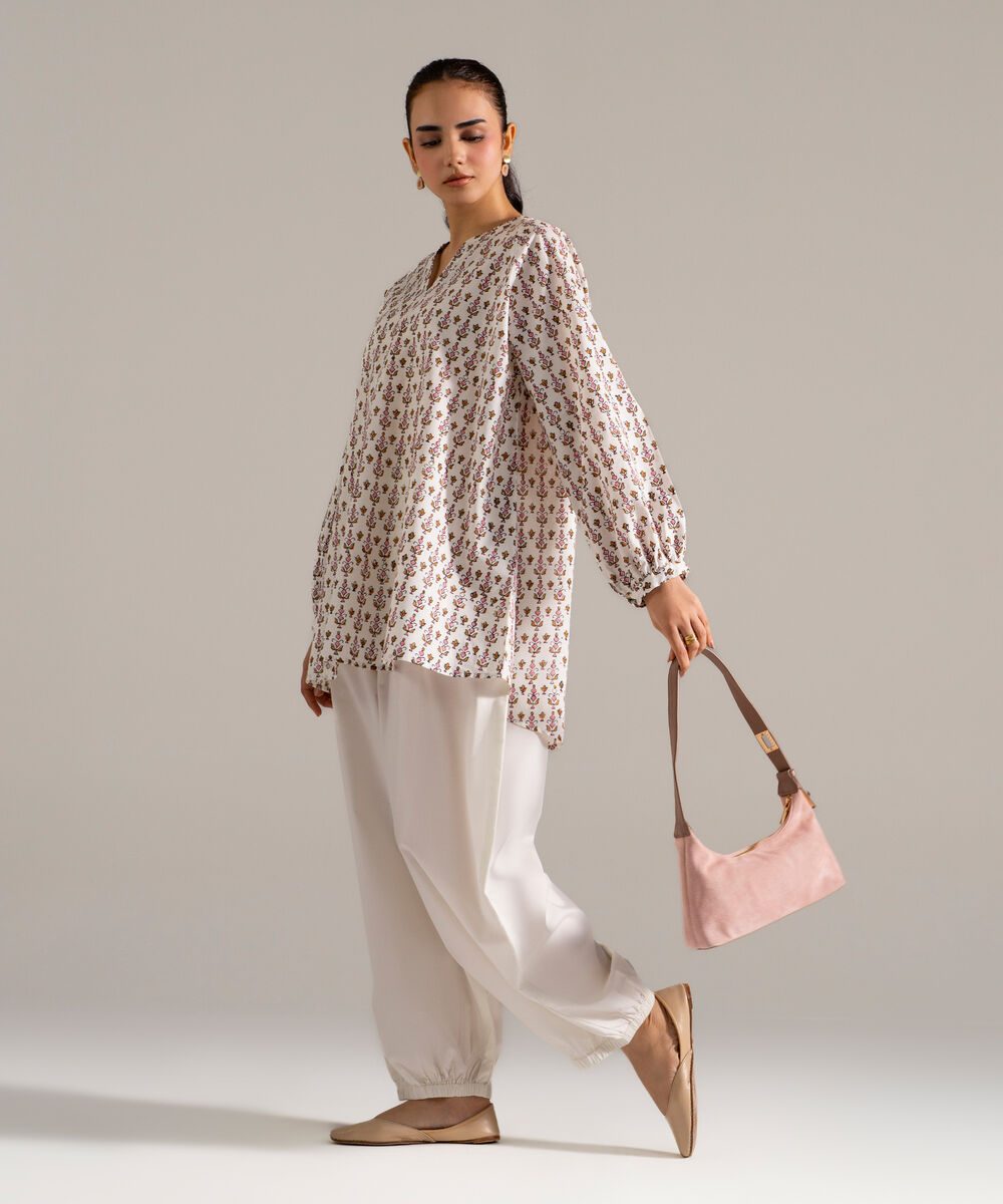 Women's RTW Lawn Printed White Straight Shirt