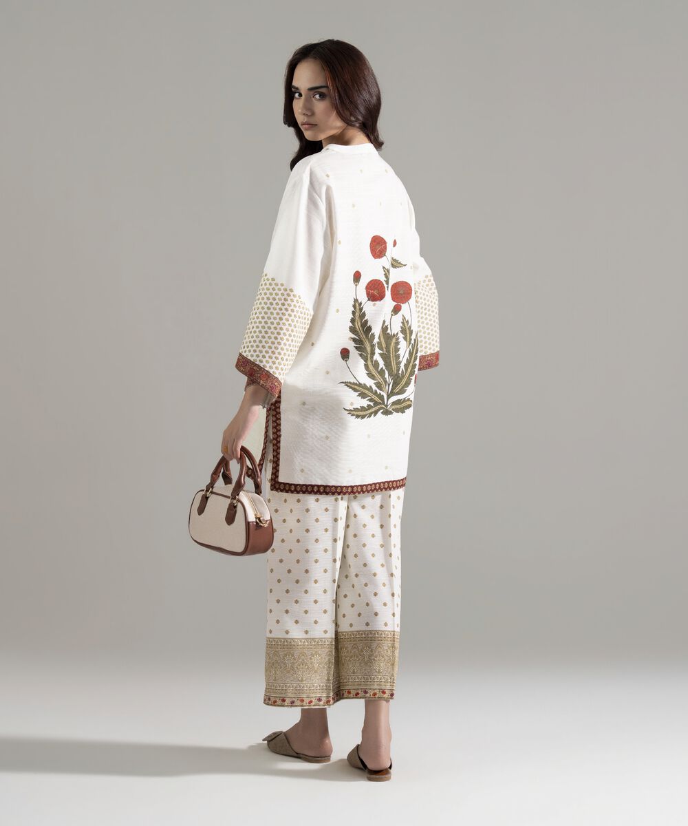 Women's RTW Khaddar Printed White Straight Shirt